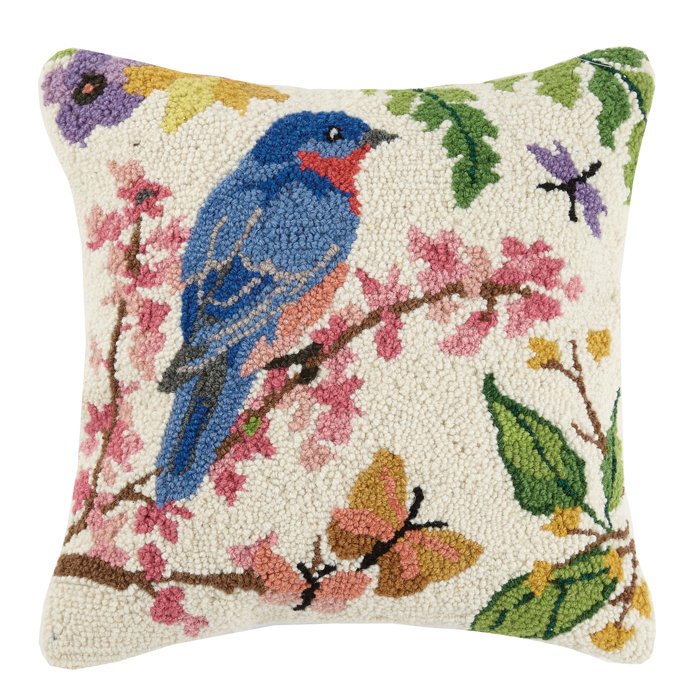 Sally Eckman Roberts Bluebird Spring Birds Hook 100 Wool Throw Pillow